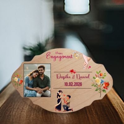 Personalized Happy Engagement Wooden Photo Frame   Engagement Gift for Couples, Best Friend, or Fiancé  Wooden Tabletop Keepsake